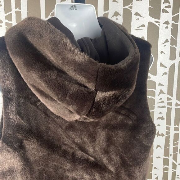 Faux Fur Reversible Hooded Zip Front Vest S M Chocolate Brown - Picture 4 of 13
